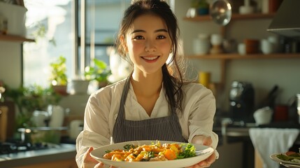 A cheerful woman presents a colorful dish in a bright kitchen, exuding warmth and culinary passion.