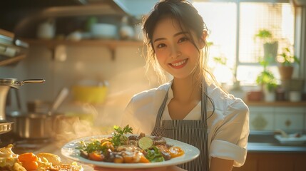 A smiling chef presents a beautifully plated dish in a warm kitchen, surrounded by culinary ingredients and steam, creating a welcoming atmosphere.