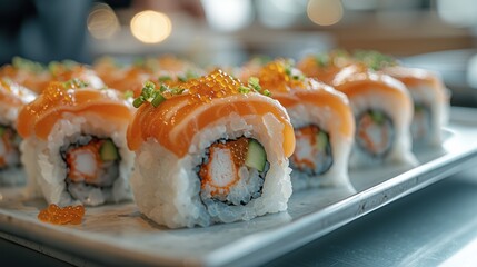 A close-up view of delicious sushi rolls topped with salmon and garnished with green onions, served on a platter, highlighting vibrant colors and textures.