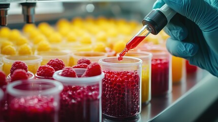 A colorful display of fruit in jars, with a hand using a dropper to add vibrant liquid, showcasing a vibrant and artistic food preparation process.