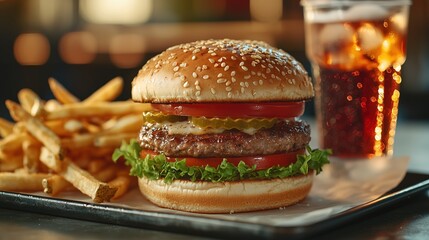 A delicious burger with lettuce, tomato, pickles, and a side of crispy fries, paired with a refreshing cola in a casual dining setting.