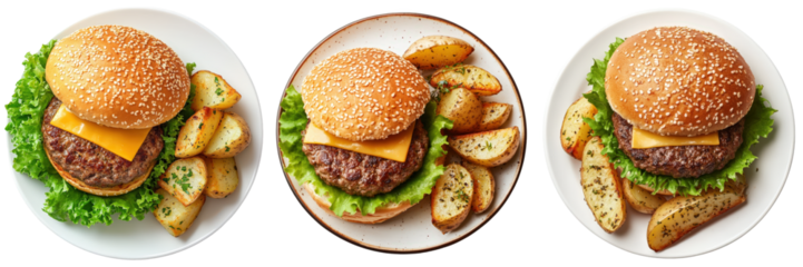 Three juicy cheeseburgers with golden potato wedges.