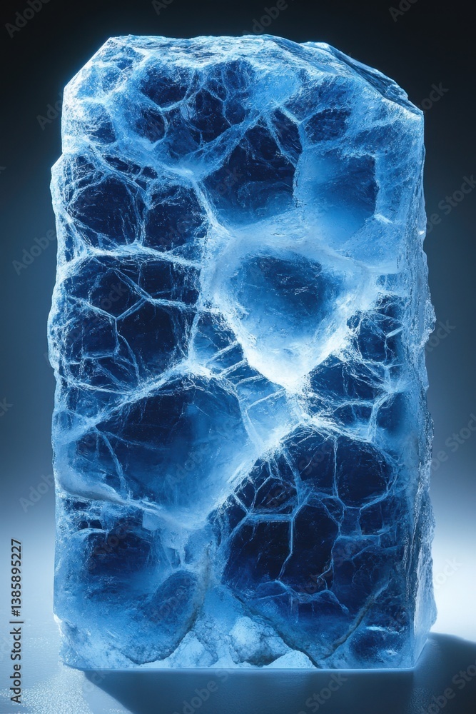 Poster captivating close up of a large translucent blue ice block showcasing intricate crystalline patterns