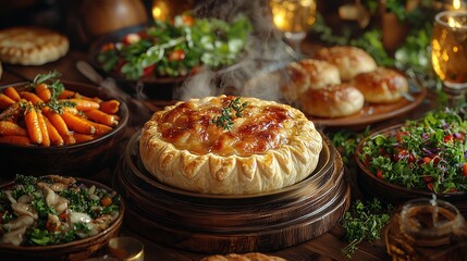 A beautifully arranged table featuring a steaming pie surrounded by colorful side dishes, garnished herbs, and drinks, creating a warm and inviting atmosphere.