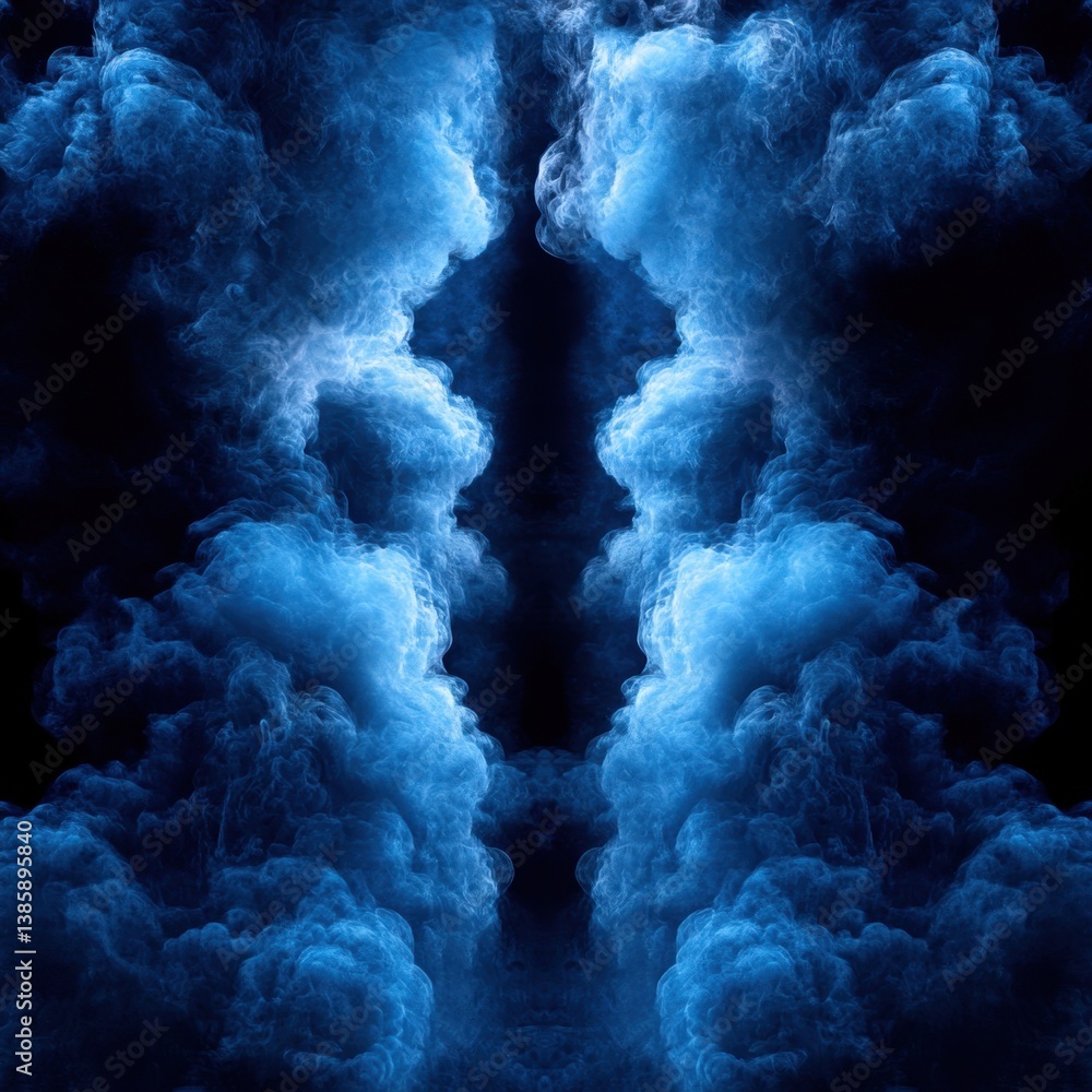 Poster ethereal blue smoke formation against a dark background creating a symmetrical and abstract pattern 