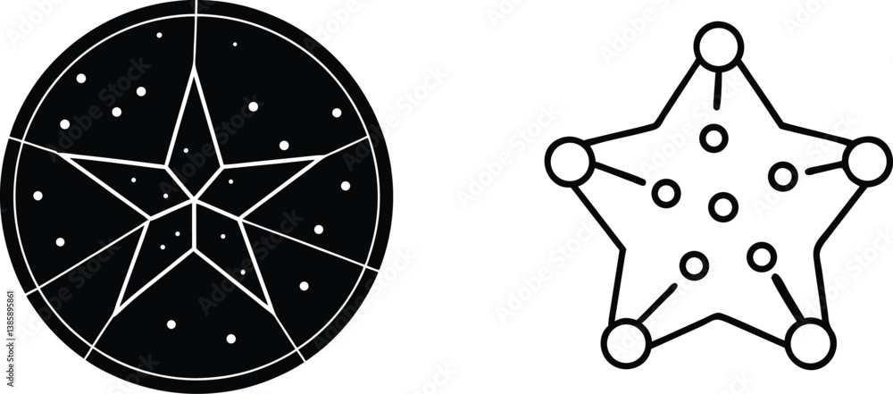 Poster star shapes circular celestial design and five pointed badge