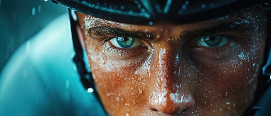 Intense close-up of a cyclist's face, showcasing determination and focus, with rain droplets on skin and helmet, reflecting a challenging ride.