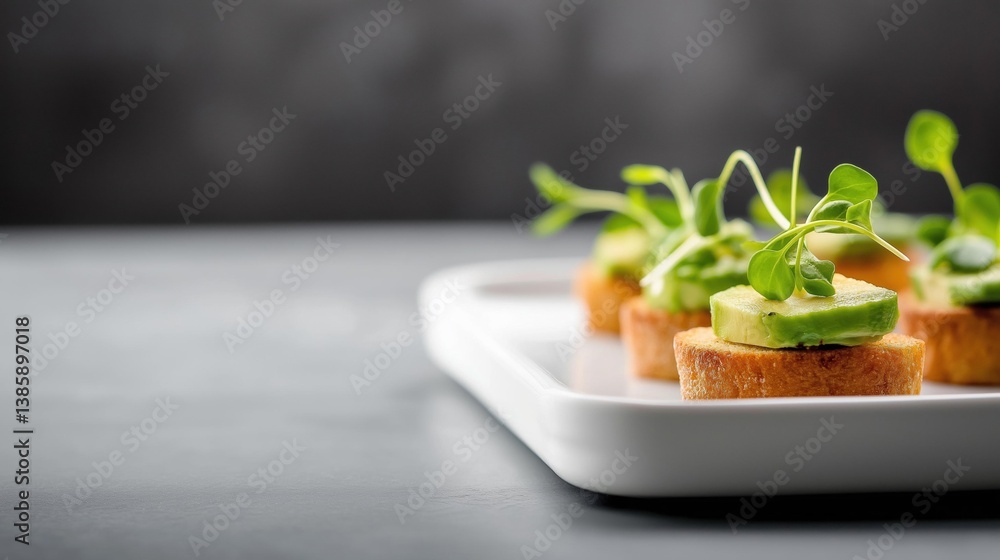 Poster white rectangular plate with four small appetizers on it. the appetizers are made of toasted bread a