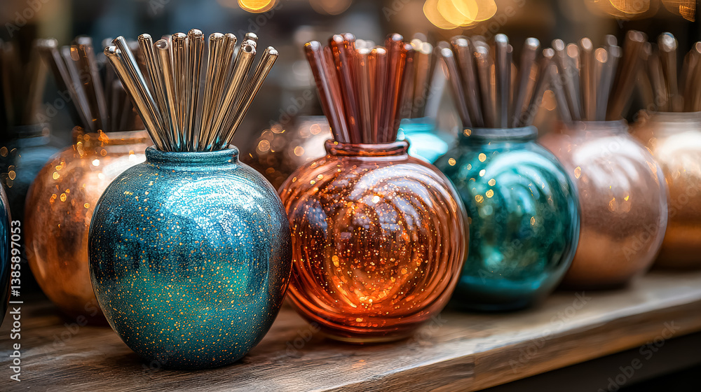 Poster row of vases with different colors and designs. the vases are made of glass and have a glittery fini