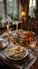 Fototapeta premium Thanksgiving Dinner Table Setting with Roasted Turkey & Seasonal Decor: Capturing the Essence of a Holiday Feast