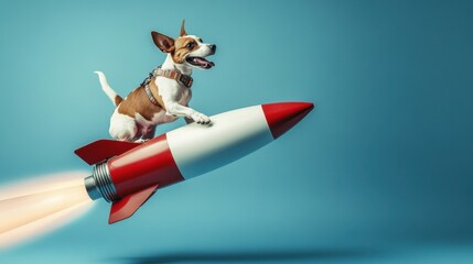 A joyful dog rides a red-and-white rocket through a blue sky, capturing a sense of whimsical adventure