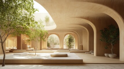 Fototapeta premium Serene courtyard architecture with arches and trees creating a peaceful and inviting atmosphere with neutral tones and natural light for relaxation