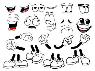 Vintage cartoon comic. Vector set Comic groovy hands in gloves, vintage legs and foot in shoes and funny emotion . Different poses arm and feet. Body parts mascot.