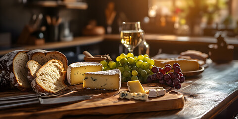 Cheese bread grapes and wine on rustic table