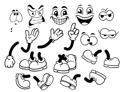 Fototapeta Set of 70s groovy comic vector. Collection of cartoon character faces, leg, hand in different emotions happy, angry, sad, cheerful. Cute retro groovy hippie illustration for decorative, sticker.