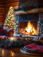 Rustic Christmas dinner in a cozy log cabin by the fireplace