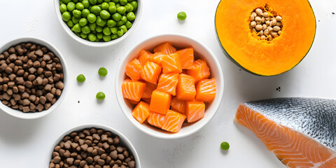Fresh salmon cubes with peas and pumpkin