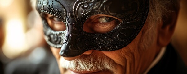 Close-up of a mysterious senior man with a white mustache wearing an elegant black and silver venetian carnival mask