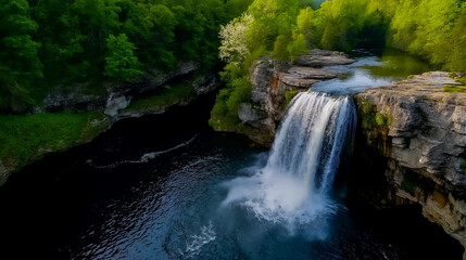 Obraz premium Waterfall with Green Trees in Slow-Mo