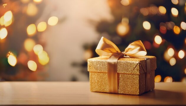golden glitter gift box with satin ribbon on wooden table in warm bokeh christmas lights for festive design or marketing

