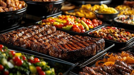 Close-up of premium grilled steaks resting on a luxurious buffet table, plated with elegance and surrounded by rich side dishes.