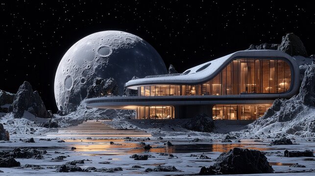 Futuristic lunar house with moon backdrop.