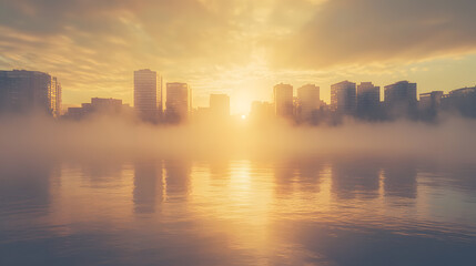 Fototapeta premium City Sunrise: A tranquil cityscape emerges from a hazy, fog-laden landscape as the sun rises, its golden rays illuminating the water and painting the sky.