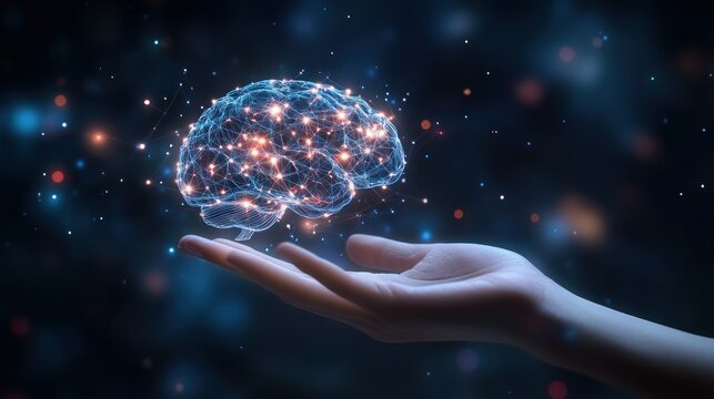 A hand gently holds a glowing, interconnected brain model