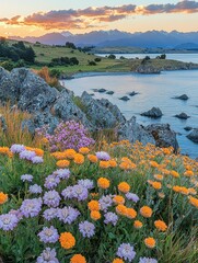 Serene Sunset Over Lake and Mountains with Vibrant Wildflowers
