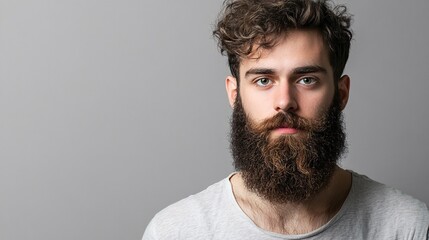 Obraz premium Handsome young man with a long beard is posing on a grey background