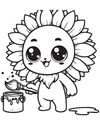 Fototapeta premium Coloring book sunflower character with big, sparkling eyes, holding a paintbrush and standing next to a bucket of paint