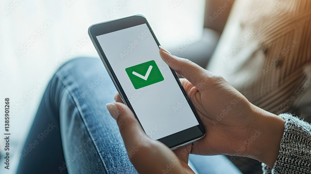 Poster digital banking app confirming a secure payment with a bold green checkmark on the screen.