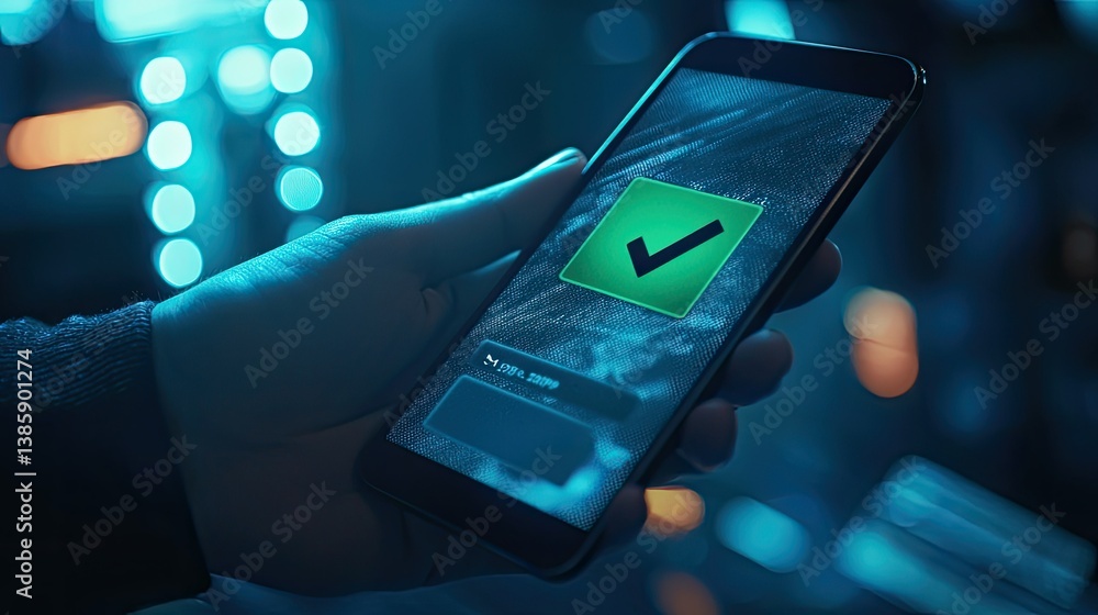 Aufkleber digital banking app confirming a secure payment with a bold green checkmark on the screen.