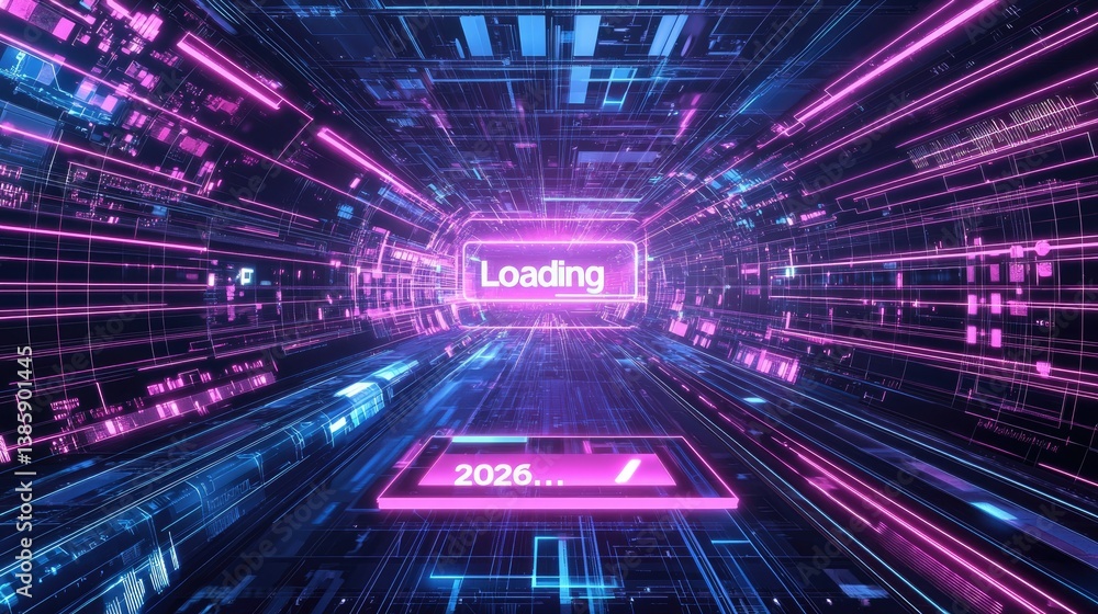 Poster digital futuristic display with neon-lit 