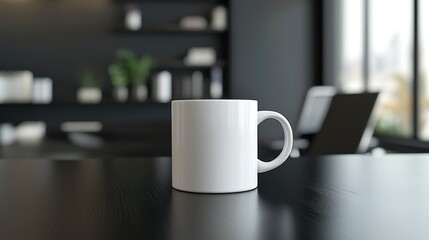 White Mug on Dark Desk in Modern Office