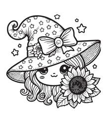 Obraz premium Coloring book witch wearing a star-patterned witch hat adorned with a large bow and a small flower,