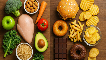 Selecting healthy ingredients over processed snacks, representing nutritional choices impacting personal wellness and dietary balance