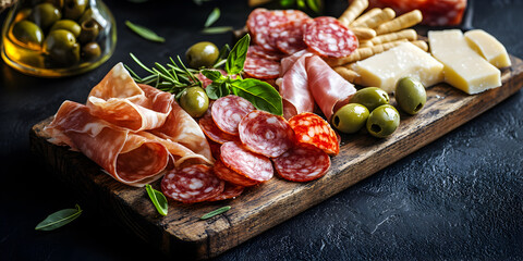 Italian antipasto platter with salami, cheese and olives Wooden board with assorted cured meats, green olives, hard cheese, breadsticks and herbs on a dark rustic background