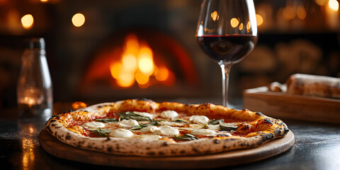 Wood-fired margherita pizza with glass of red wine