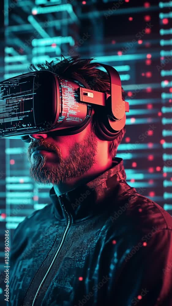 Poster a man explores an immersive virtual reality world while wearing a headset with digital graphics and 