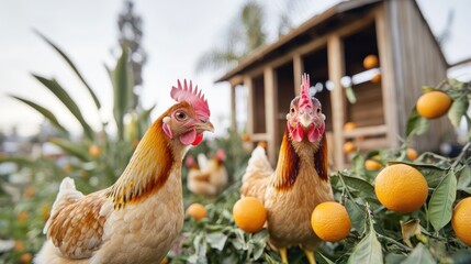 Two chickens amongst orange trees