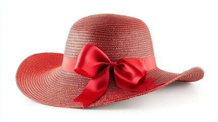 Red sun hat with a red ribbon bow isolated on white background.