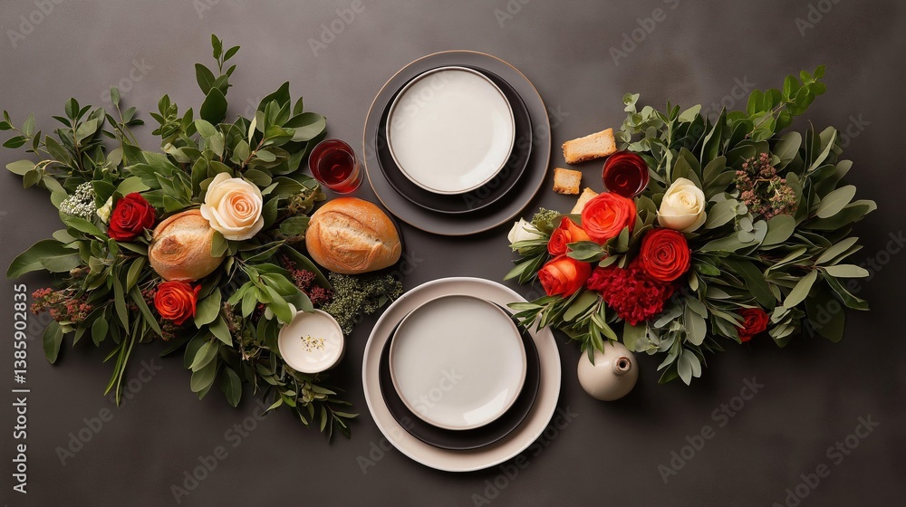 Poster flat lay of a table setting with a dark grey background. on the left side of the image, there is a b