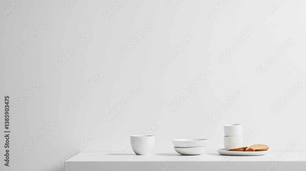 Poster white table with a few white objects on it. on the left side of the table, there are two white cups 