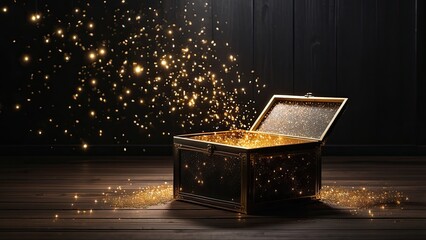 An open black box sits on a wooden floor in a dark room