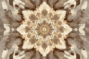 An abstract ornamental design featuring symmetrical floral and feather shapes