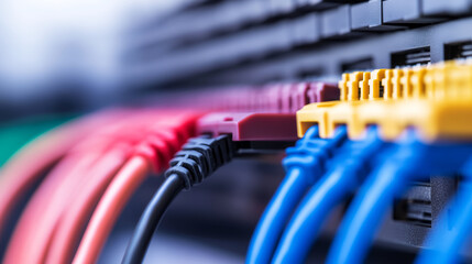 Close up of colorful ethernet cables plugged into a network switch, emphasizing connectivity and data transfer in a server environment