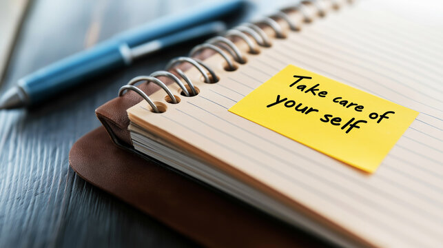 Yellow sticky note with the handwritten message Take care of yourself reminds us of the importance of self care, attached to a notebook on a wooden table