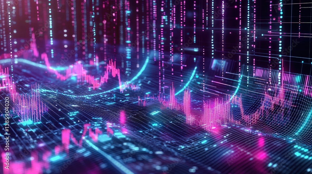 Poster futuristic digital grid with fiber-optic waves of data traveling at the speed of light, creating an 