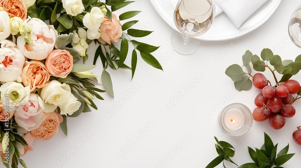 Poster flat lay of a table setting with a white tablecloth and a bouquet of flowers on the left side.